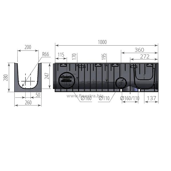 Канал пластиковый DN200 H280 Aquastok Norma 1000х260х280мм 12028