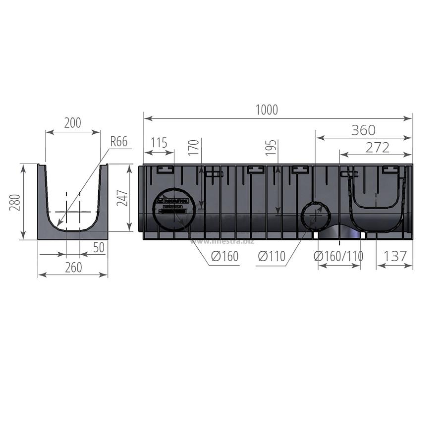 Канал пластиковый DN200 H280 Aquastok Norma 1000х260х280мм 12028